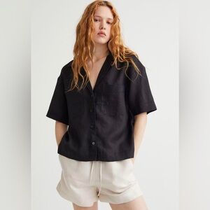 H&M Black 100% Linen Boxy Short Sleeve Button-down Blouse with Front Pockets, XL
